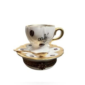 Limoges Peint Main “Cup of Coffee Elegance” Porcelain Trinket Box - 24K